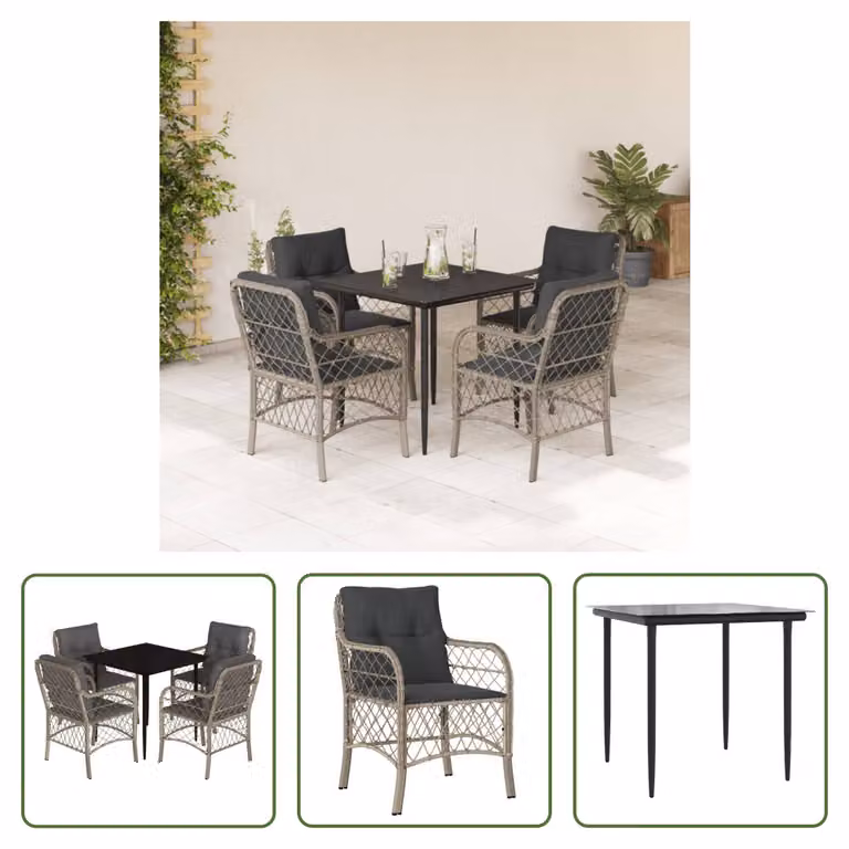 The Living Store Set da pranzo da giardino 5 pezzi con cuscini in rattan grigio chiaro