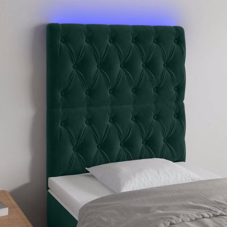 Testiera per letto vidaXL in velluto verde scuro con illuminazione LED e porta di ricarica USB, L/P/H: 128 x 80 x 7 cm