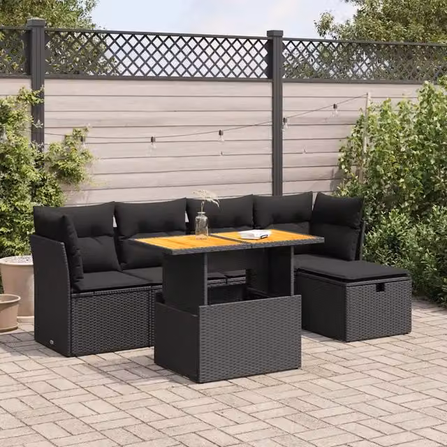 Set Divano da Giardino 6 pz con Cuscini Nero Polyrattan Acacia 3327965