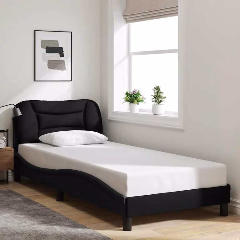 vidaXL Giroletto Hvar Nero in Tessuto con Listelli in Legno 90x190 cm