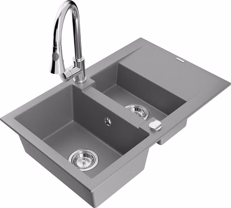 Mexen Gaspar lavello in granito a 1,5 vasche con sgocciolatoio e rubinetto da cucina Elia, grigio - 6507-71-670101-00