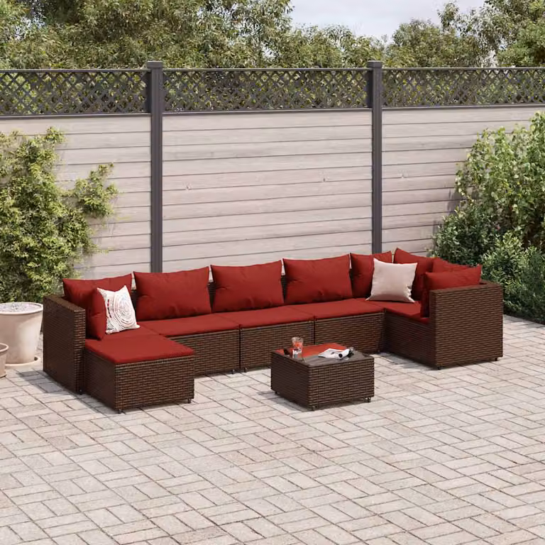 vidaXL Set Divani da Giardino 8 pz a Forma a L con Cuscini e Tavolino, Polyrattan Marrone e Rosso
