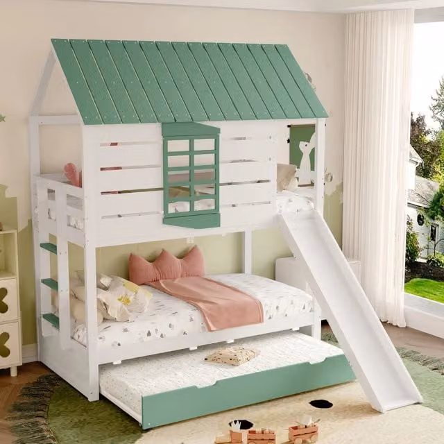 Letto a castello 90×200 cm con scivolo e letto estraibile, 3 posti, senza materassi, bianco e verde