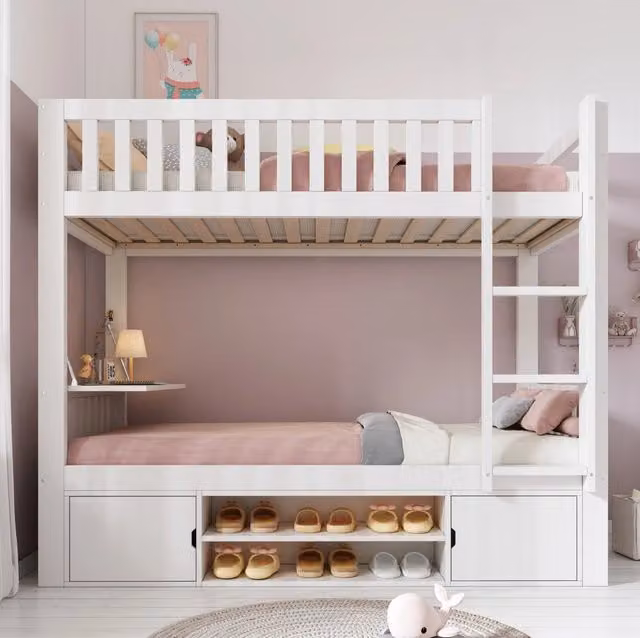 Letto a castello multifunzionale bianco 90x200 cm in legno con tavolo ribaltabile e ripiani porta scarpe