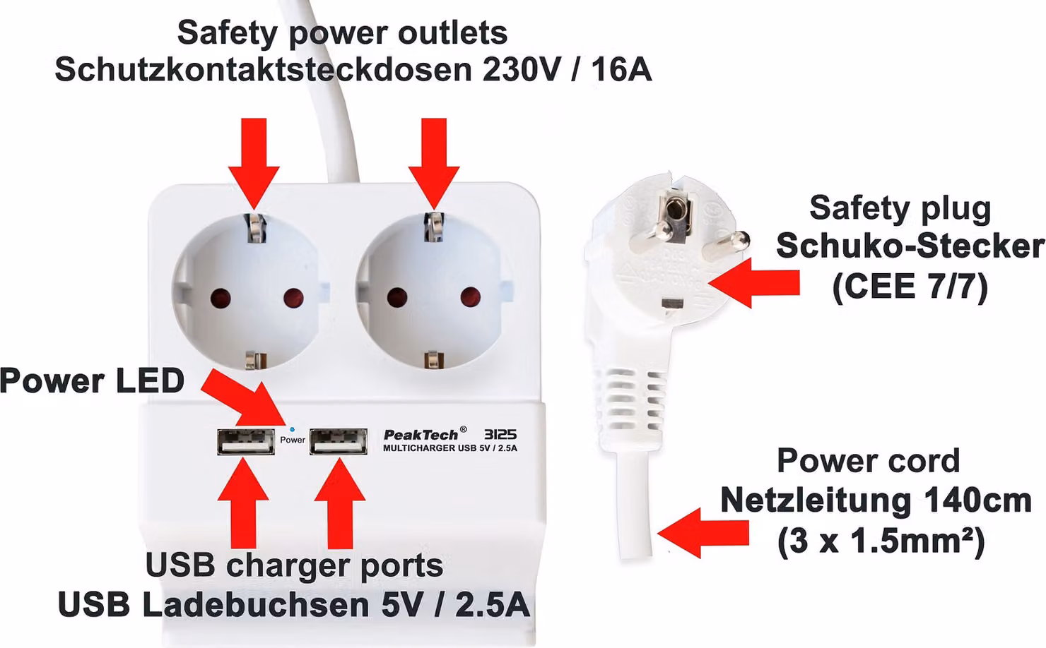 PeakTech P 3125 - Presa di corrente da tavolo con 2 x 230 V Schuko e 2 x caricatore USB con 2,5 A max.