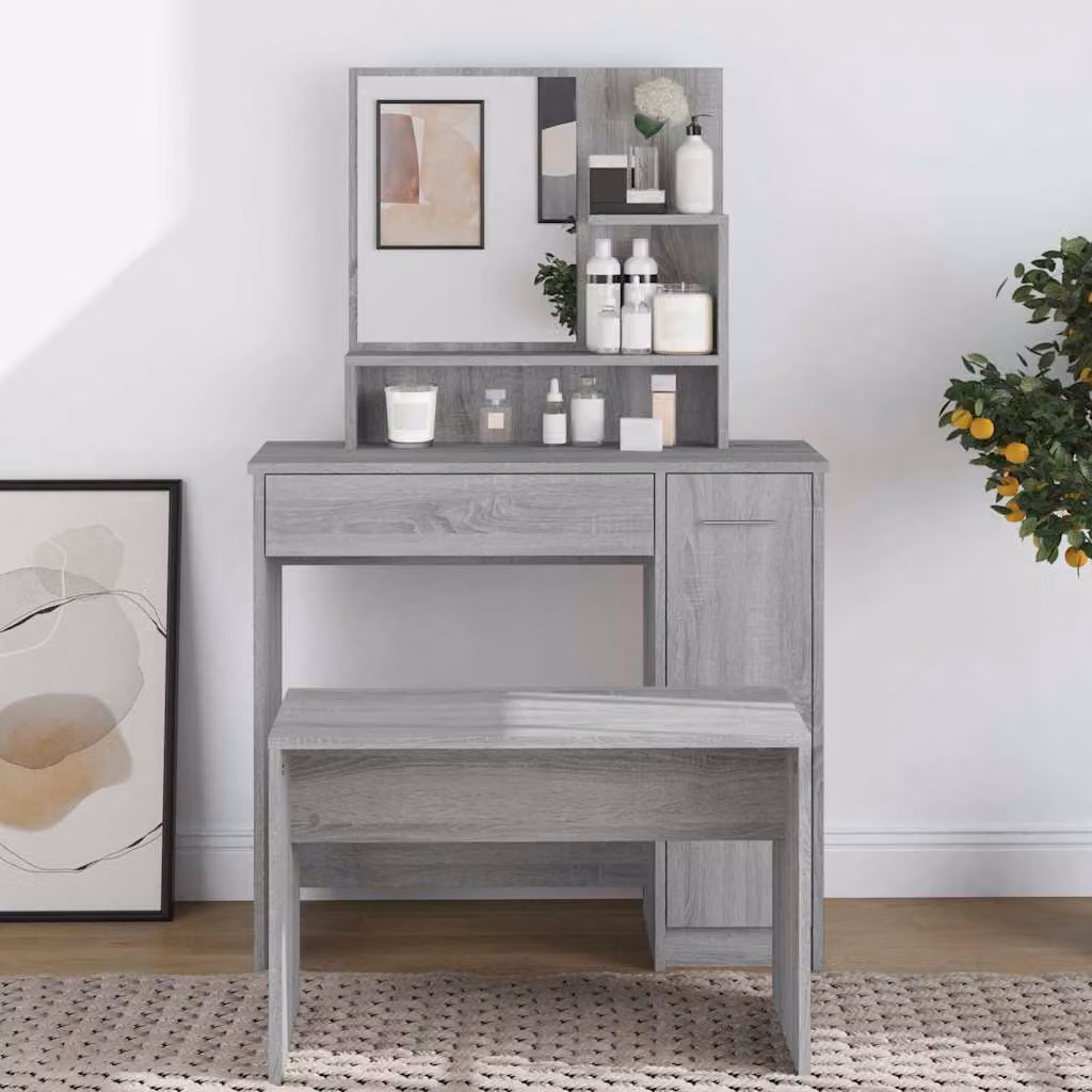 vidaXL Toeletta con Specchio Grigio Sonoma L: 86,5 cm, P: 35 cm, H: 136 cm
