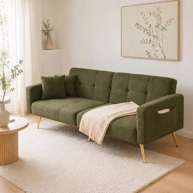 Divano letto Mivray in tessuto verde con gambe dorate e schienale regolabile