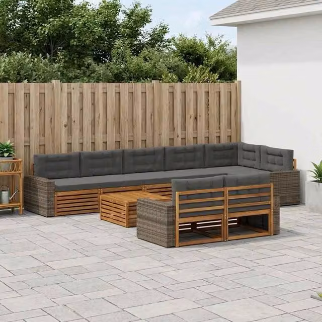 Set di divani da esterno vidaXL a forma di U in legno di acacia con cuscini grigi, 9 pezzi