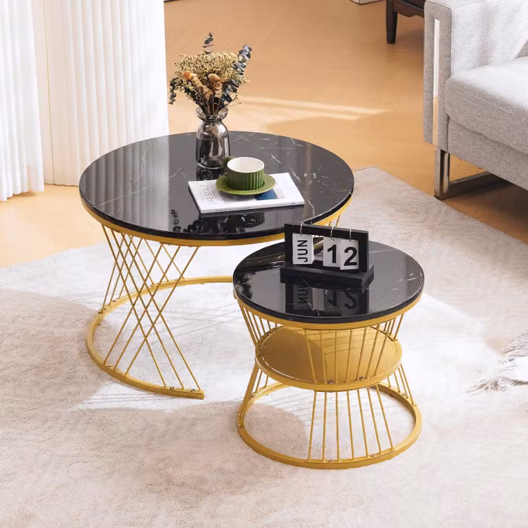Tavolino da caffè componibile, finitura lucida, impiallacciatura in marmo, set da 2, tavolini laterali rotondi, cornice dorata