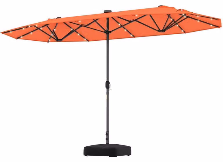 Ombrellone doppio, dimensioni 400 x 200 cm, con illuminazione solare a LED, colore arancione