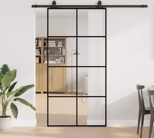 Porta Scorrevole Moderna VIDAXL in Vetro Trasparente con Telaio in Alluminio Nero L: 102,5 cm, H: 205 cm