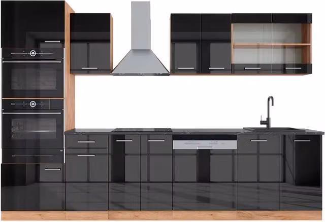 Cucina componibile moderna Vicco R-Line in antracite lucido e rovere dorato con armadio alto, L: 300 cm