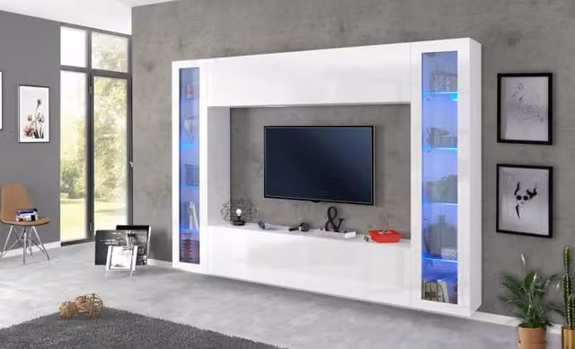 Parete soggiorno Maruska con 2 vetrine e pannello TV TECNOS - WEB FURNITURE - Bianco Lucido - L: 260 cm, H: 180 cm, P: 30 cm