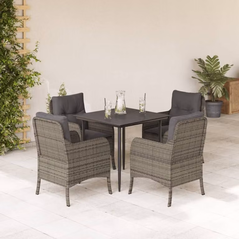 Set da Pranzo da Giardino vidaXL 5 pz in Polyrattan e Metallo con Piano in Vetro Grigio e Nero