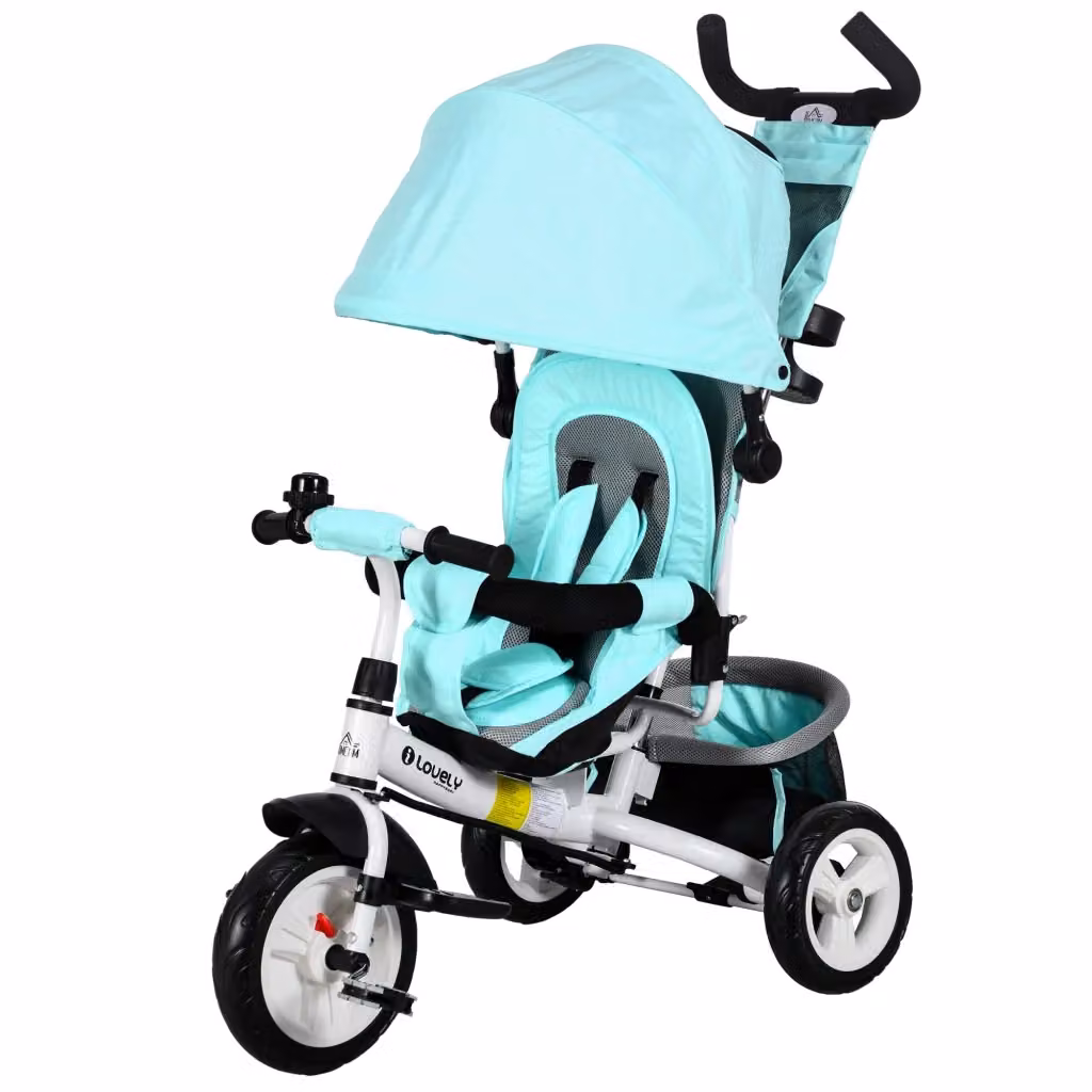Triciclo per bambini Xylo in metallo con tettuccio, cestino posteriore e portabicchiere, colore verde/turchese – 2