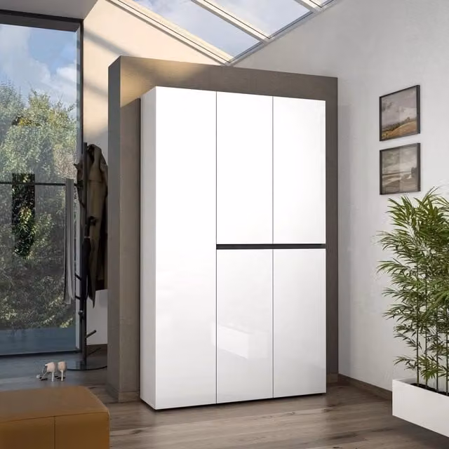 Scarpiera DMORA Valletta Moderna con Ante Soft Close, Capacità 58 Paia, L/P/H: 120 x 34 x 200 cm, Bianco Lucido – 1
