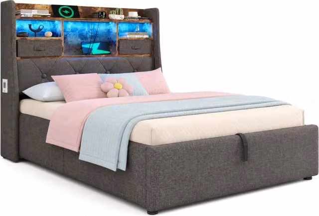 Letto singolo 90x200 cm con contenitore idraulico; LED; USB e testiera in tessuto grigio