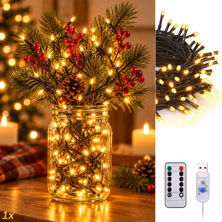 1 catena luminosa da 10 metri con 100 LED, luce bianca calda, con telecomando, alimentazione USB, timer, dimmerabile, 8 modalità, ideale per decorazioni natalizie, compleanni, camere da letto, balconi