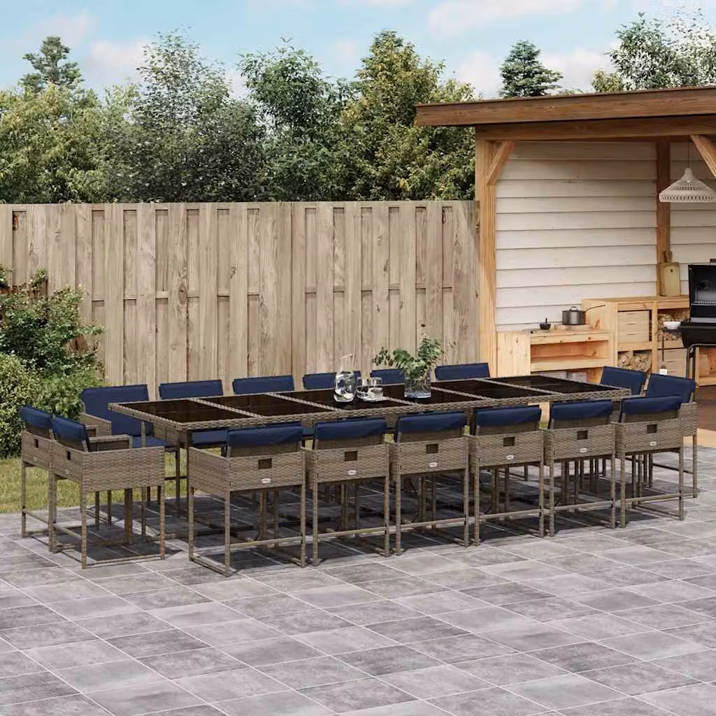 vidaXL Set da pranzo da giardino in polyrattan da 17 pezzi con cuscini blu e tavolo in vetro grigio