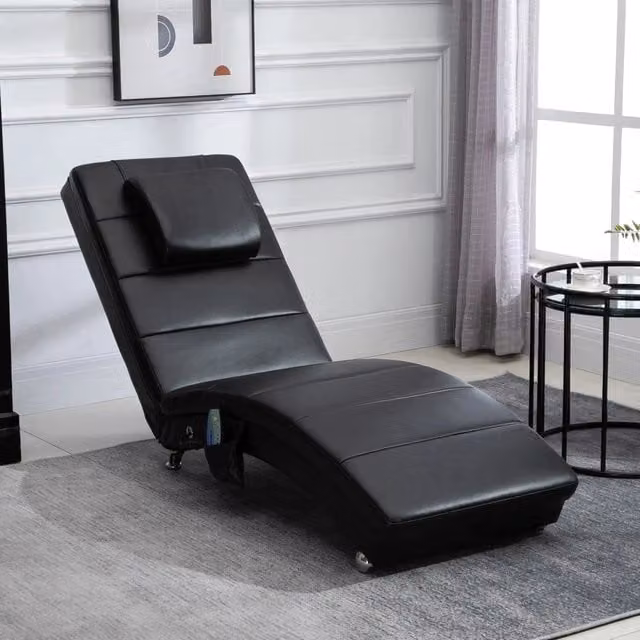 Chaise longue 163x58x87 cm con massaggio a 8 punti in pelle sintetica nera