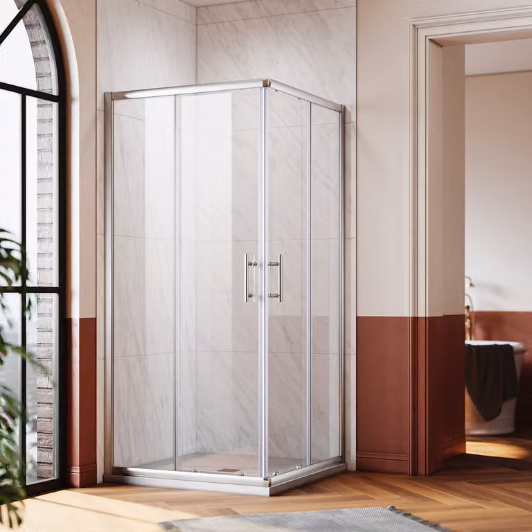 Doccia angolare SONNI Cabina doccia ad angolo Porte scorrevoli ad ingresso angolare LxP: 70x70cm, vetro temperato di sicurezza, installabile a destra e a sinistra, altezza 185cm