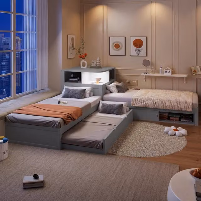 Letto singolo 90 × 200 cm 2 posti con letto estraibile, ante scorrevoli e luce notturna, senza materasso, grigio