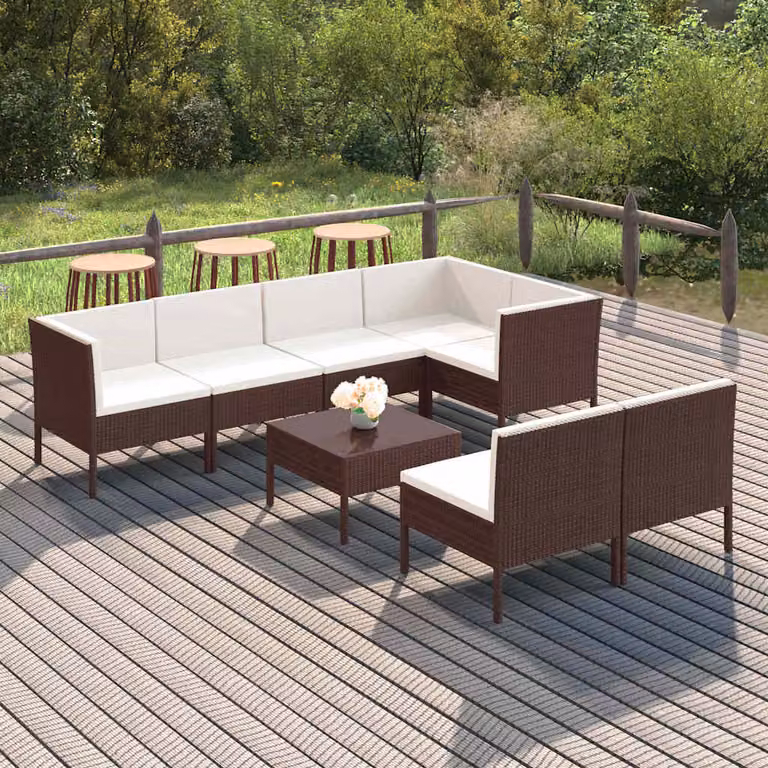 Set Divani da Giardino vidaXL 8 pz in Polyrattan Marrone e Beige con Cuscini e Ottoman in Stile Moderno