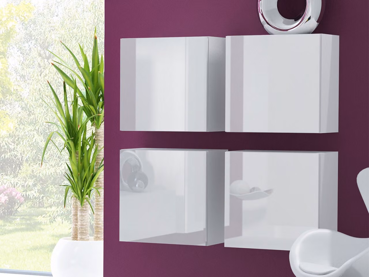 Set di armadietti sospesi ASHTON - bianco / bianco lucido