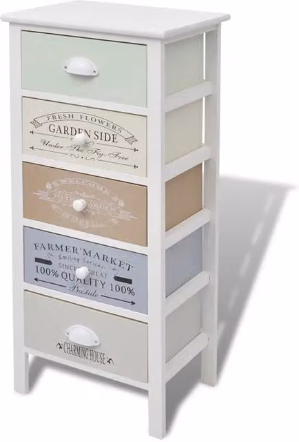 Mobile contenitore in stile country house con 5 cassetti decorativi in legno bianco L/P/H: 38 x 28 x 86,5 cm