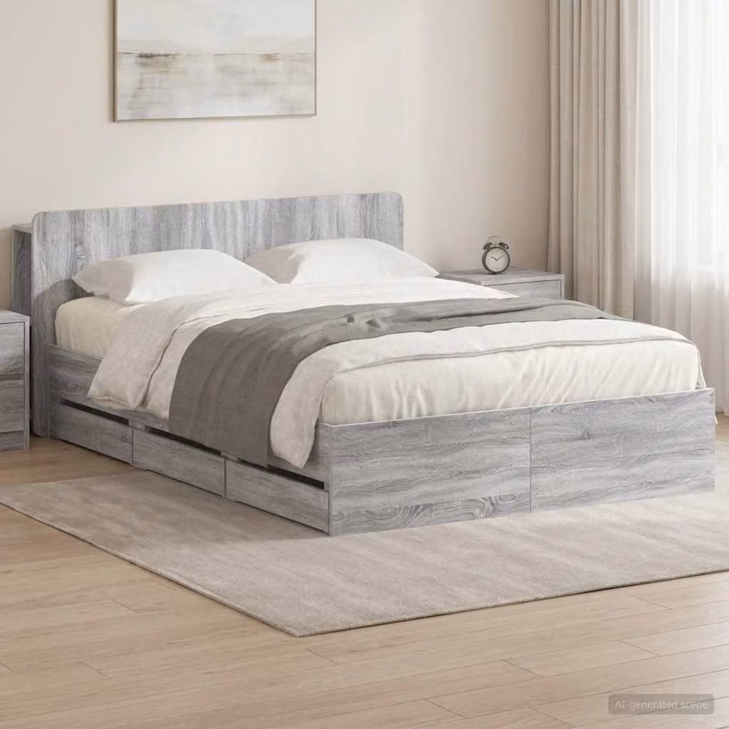 Struttura letto con contenitore e testata vidaXL in legno Sonoma grigio L/P/H: 221.5 x 160 x 80 cm