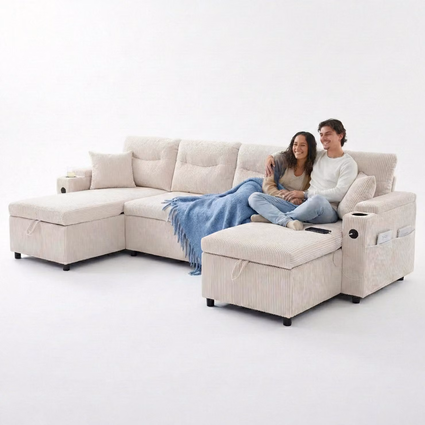 LVHOM Divano letto a U con contenitore, USB-C - Divano angolare con funzione letto, divano da salotto in velluto a coste a 4 posti, divano con contenitore, beige