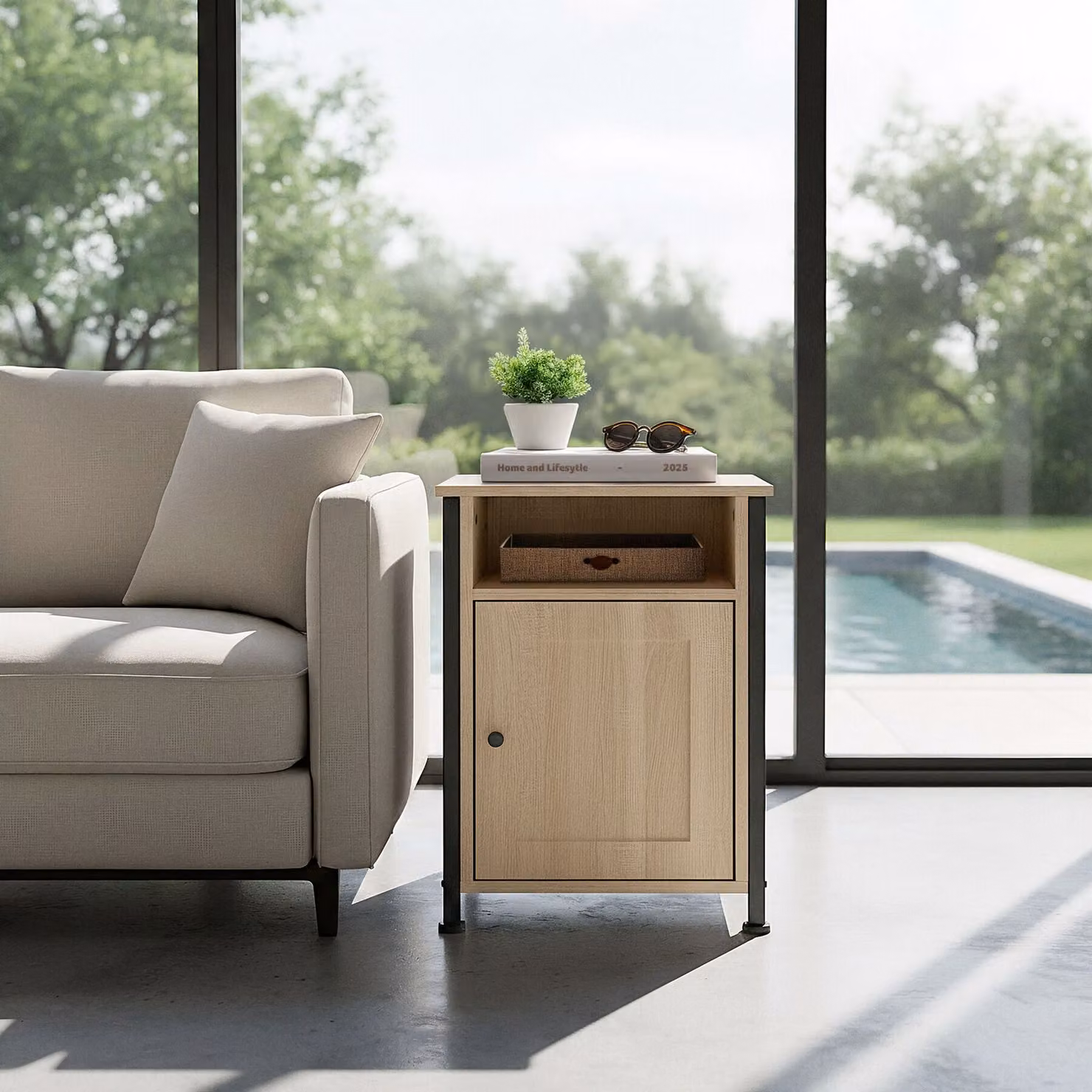 Comodino Blackburn TecTake in stile industriale con finitura rovere e dettagli neri, L/P/H: 40 x 42 x 60,5 cm – 2