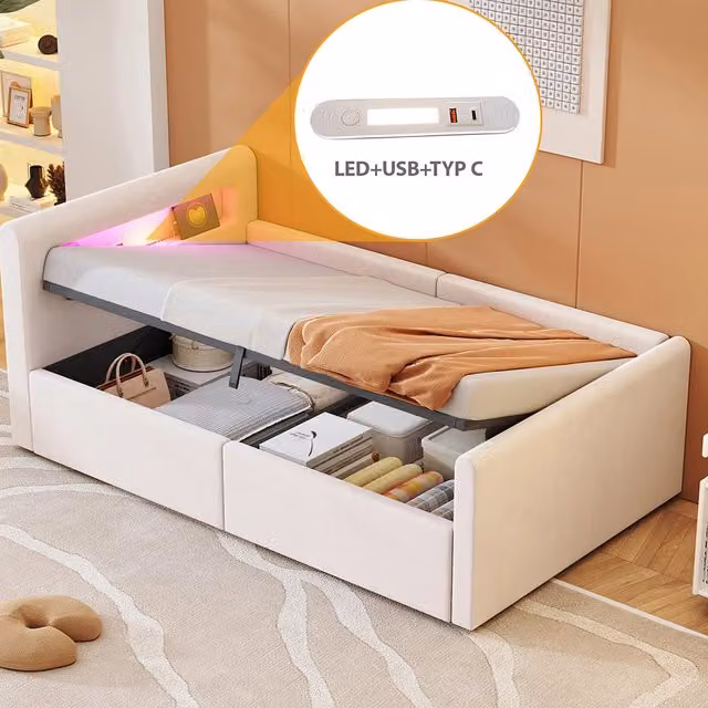 Letto bambino-Xylo-90x200 cm-LED, USB, idraulico, velluto beige