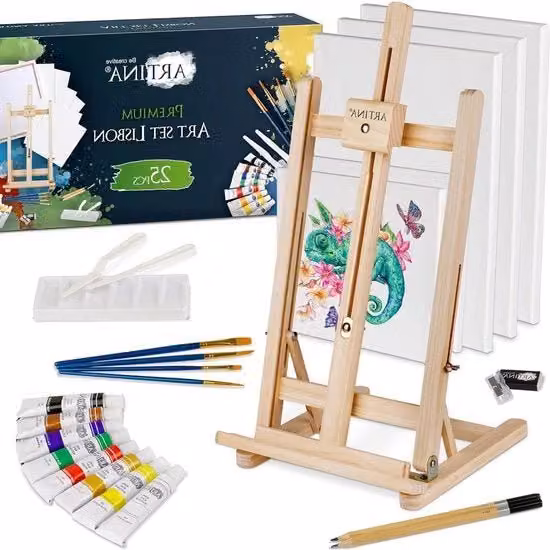 Set di Pittura Acrilica Lisbon per Artisti con Tavolino Pieghevole e 25 Accessi Multicolore in Legno FSC certificato