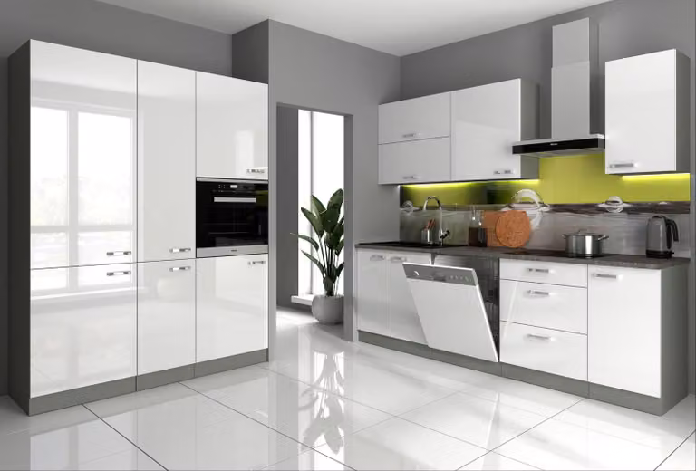 Cucina BIANCA I 240 + 160 cm, linea cucina, bianco lucido, blocco cucina, cucina componibile