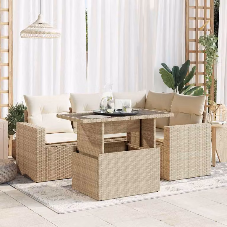 Set Divano da Giardino vidaXL 5 pz a Forma a L con Cuscini Beige e Tavolino in Polyrattan e Metallo