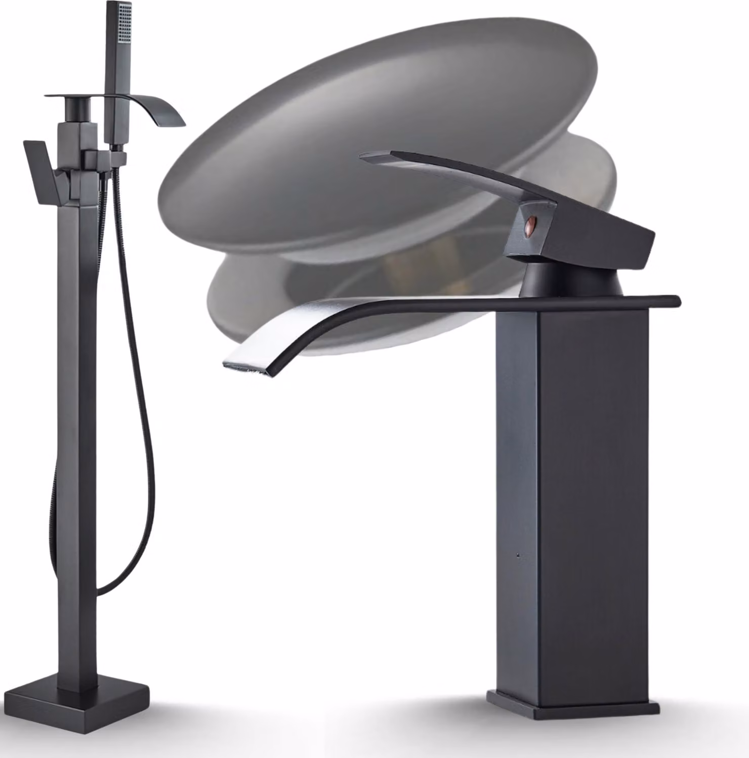 Rubinetto da bagno Ari, miscelatore vasca freestanding nero opaco, beccuccio girevole 360 gradi, cartuccia Vetroceramica con doccetta