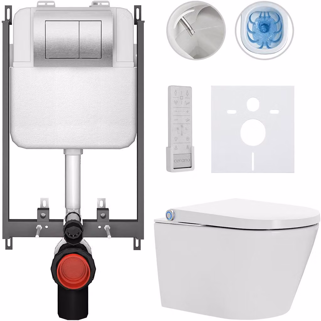 WC sospeso con bidet Basic/Cronus Premium - bianco lucido - pulsante WC Maxio/Argento - da incasso - 59,3x38,4 cm