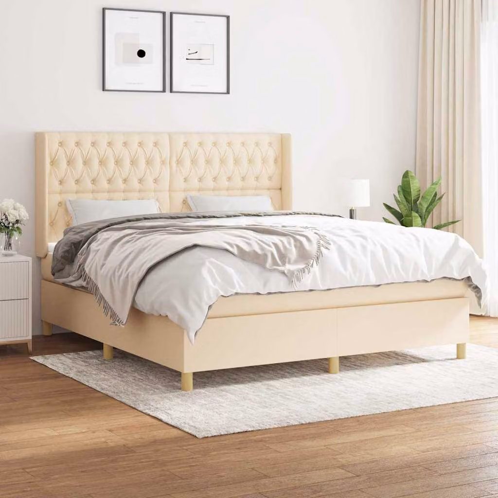 vidaXL Giroletto a Molle con Materasso Ibrido in Tessuto Beige e Bianco L/P/H: 180 x 200 x 128 cm