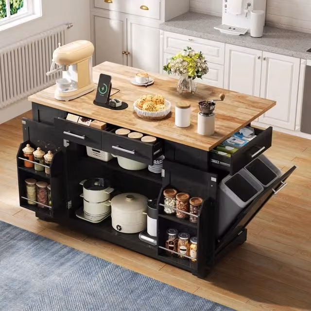 Isola cucina con piano ribaltabile in MDF; nera effetto legno; ruote silenziose; 138 x 86 x 92 cm