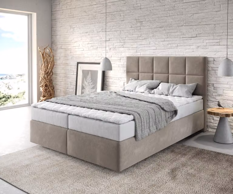 DELIFE Letto boxspring Dream-Fine 140x200 cm in microfibra beige con materasso e topper