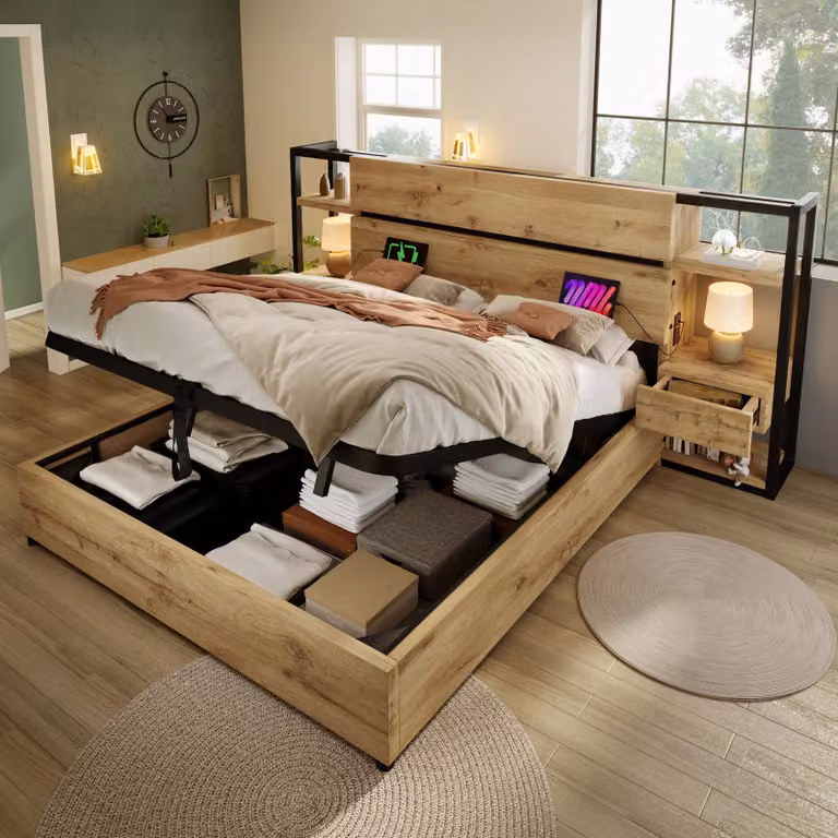Letto in legno matrimoniale 160×200 cm, letto contenitore idraulico, testata contenitore con cassetti, senza materasso