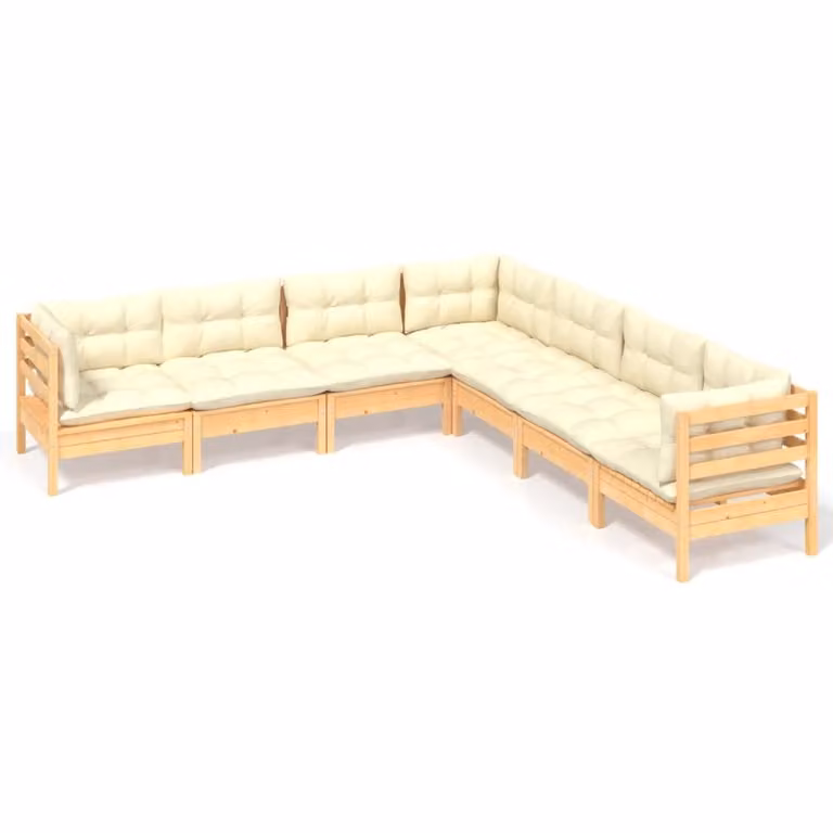 Set Divani da Giardino 7 pz con Cuscini Crema in Massello di Pino