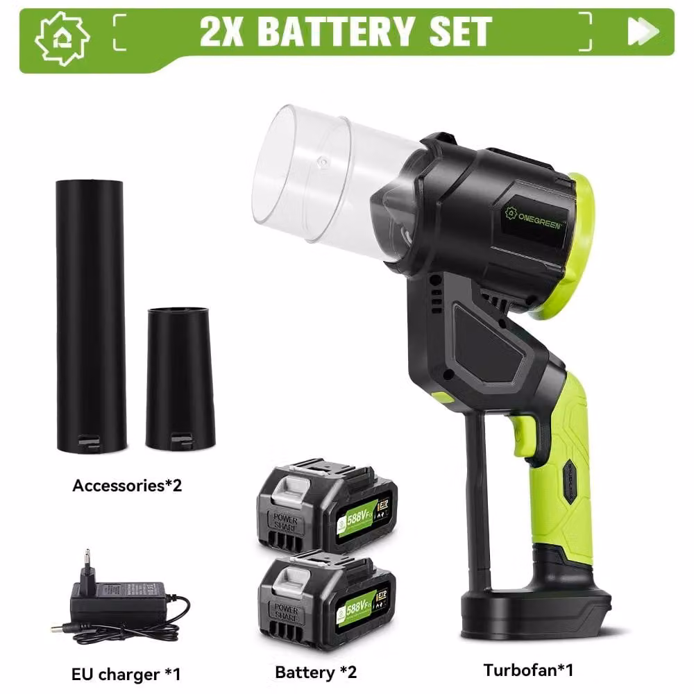 Soffiatore turbo a batteria - Senza spazzole - 5000 W - 38.000 giri/min - Alta pressione - 2 batterie - Spina europea
