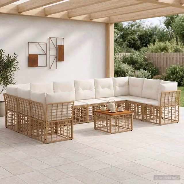 Set di divani da esterno 11 pz 10-Posti Naturale e Bianco Crema 3437556