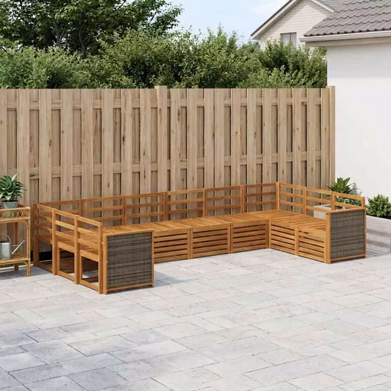 Set di divani da esterno vidaXL a forma di L in legno di acacia massello marrone con cuscini inclusi