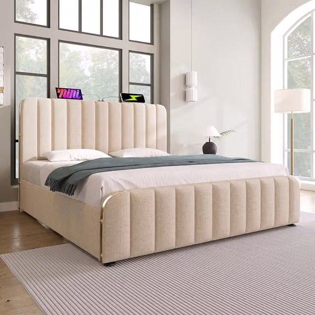 Letto imbottito con testiera - Xylo - 160x200 cm - Beige - USB, Type-C