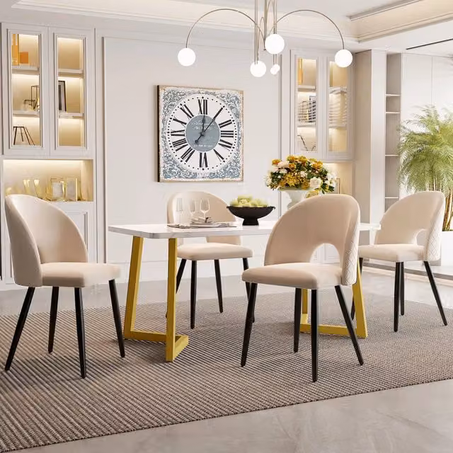 Set Tavolo da Pranzo con 4 Sedie in Velluto ¨C Xylo ¨C Beige, Gambe Dorate, 117x68 cm