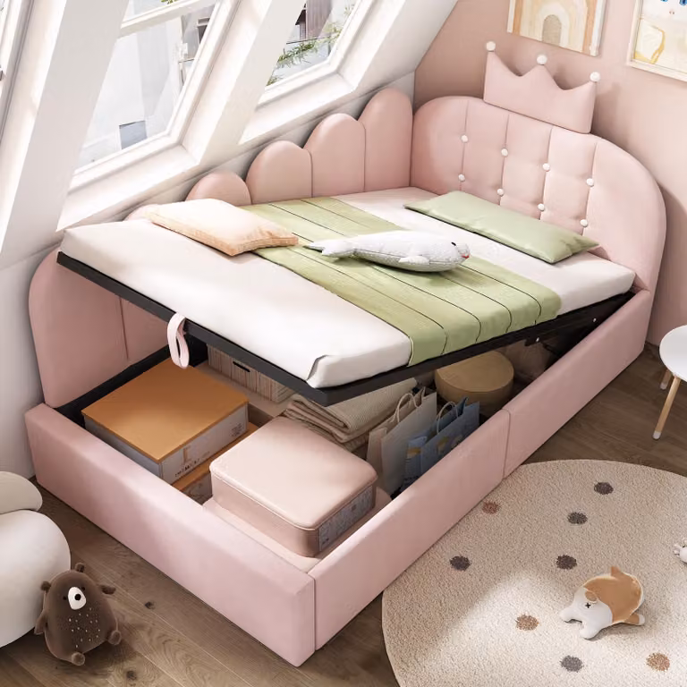 Divano letto imbottito MODFU 90x190 con design a griglia a , lettino per bambini con vano contenitore (idraulico), letto singolo, ideale per la cameretta dei bambini con materasso Rose