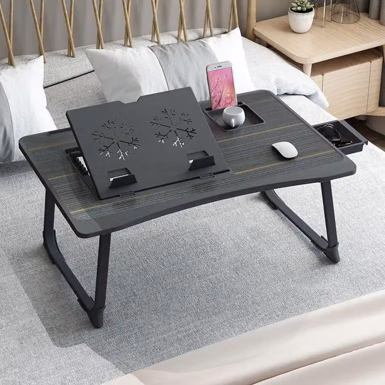 Tavolino per laptop da letto/divano - Tavolino pieghevole - Regolabile in altezza su 6 livelli - Con cassetto - Piano rettangolare in MDF, struttura in acciaio - 2,2 kg - Nero